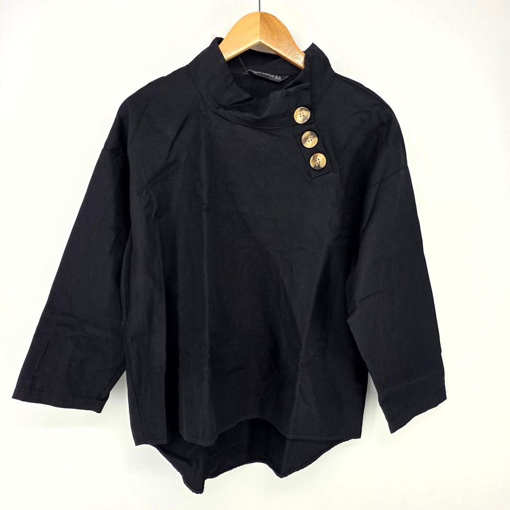Zara Top Womens XS Black Linen Blend Mock Neck Button Accent High Low 7563/256